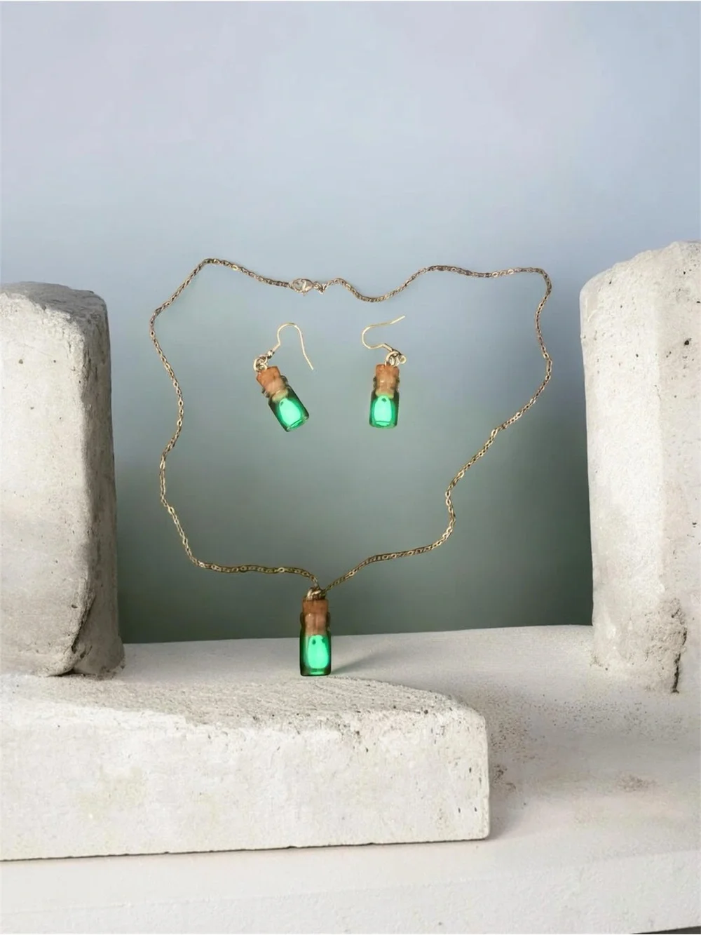 BOTTLED GHOSTS | Glow in the Dark Earrings and Necklace Set